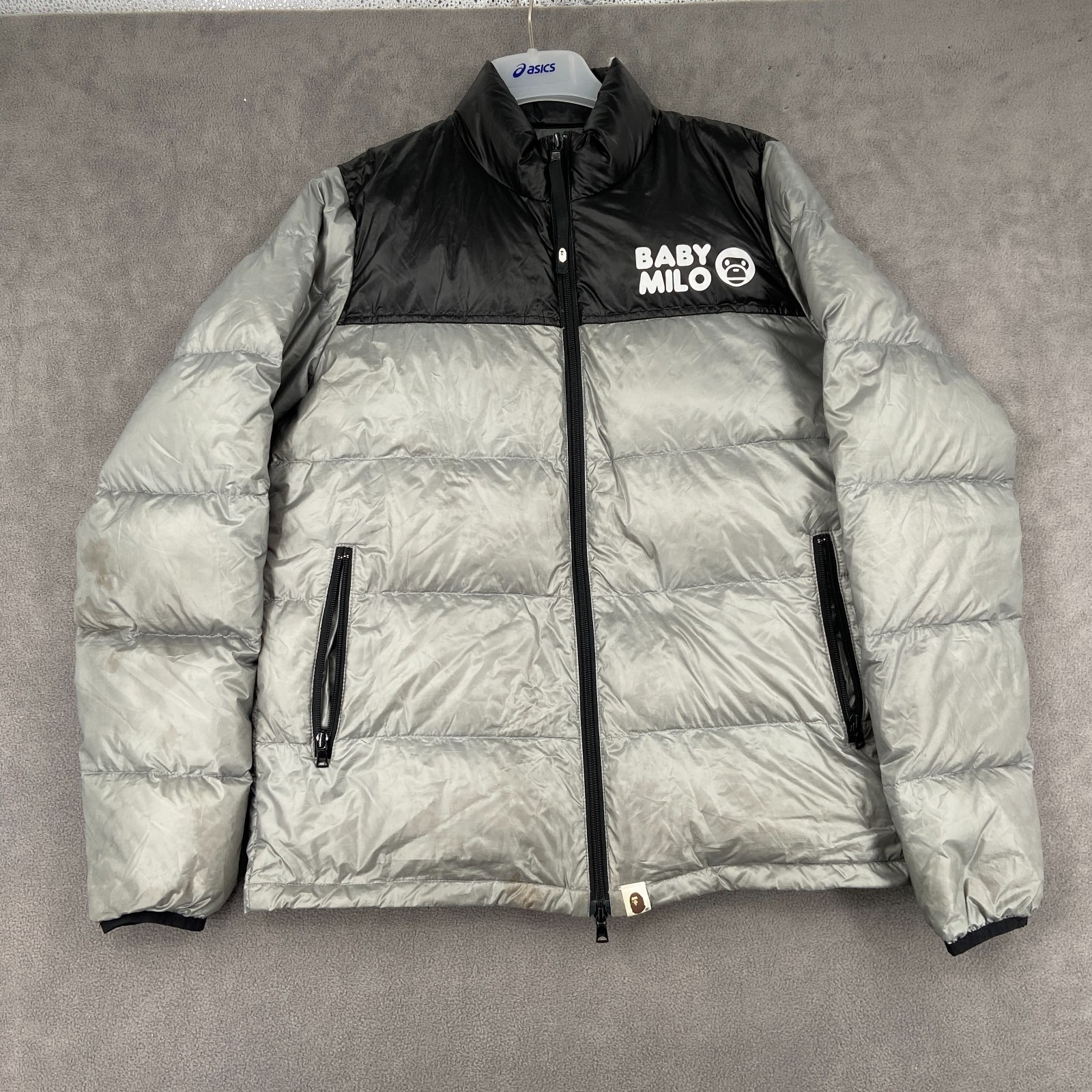 Vintage A Bathing Ape Baby Milo Puffer Jacket Mens Medium Silver Black Full Zip